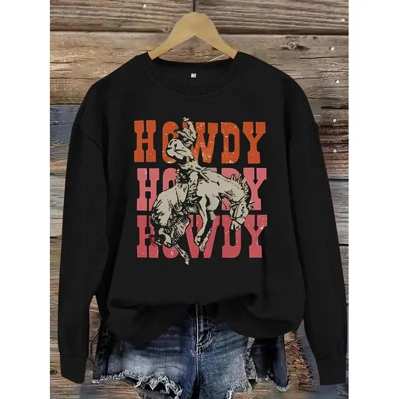 

Women's Western Howdy Sweatshirt Rodeo Bronc Rider Graphic Pullover Vintage Cowboy Country Music Festival Top