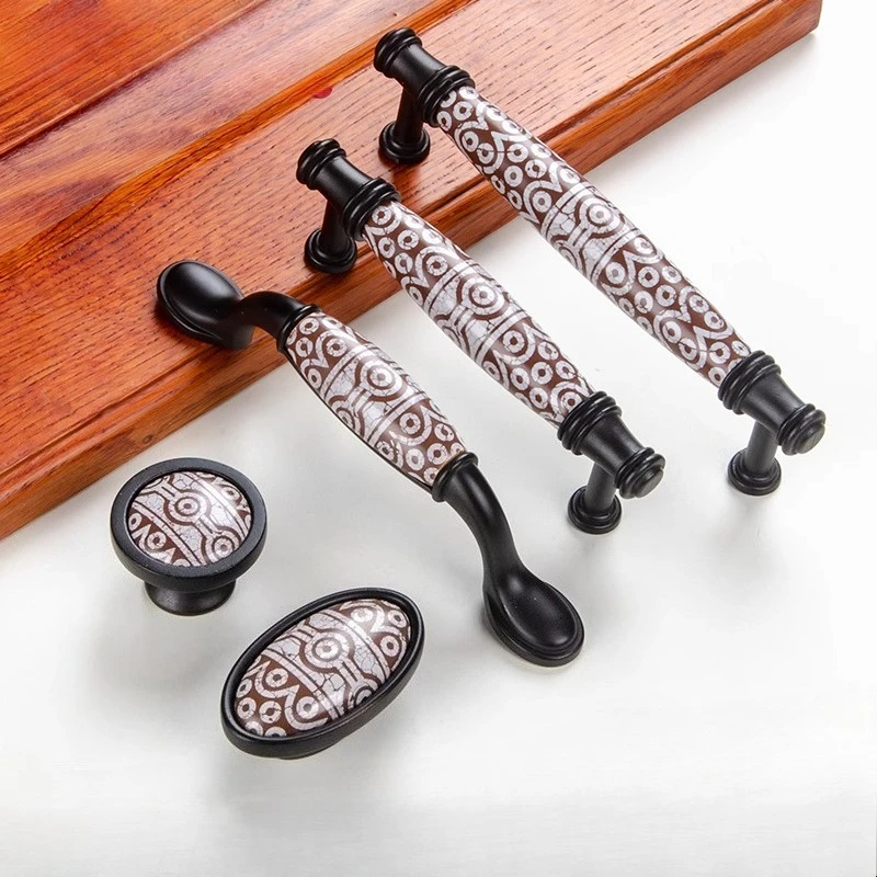 New Chinese Style Wardrobe Cabinet Door Handle Retro Black Drawer Single Hole Knob Creative Ceramic Shoe Cabinet Handle