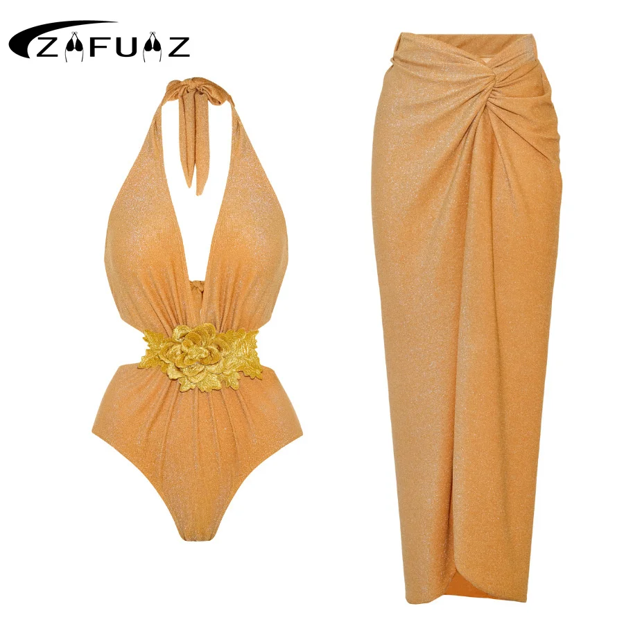 ZAFUAZ Women Swimsuit Hatler Swimwear Three-piece Summer Skirt High Waist One Piece Cutout Bikini Sexy Bathing Suit Beachwear