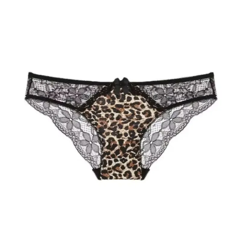 Leopard Print Sexy Ice Silk Matching Color Lace Breathable Fashion Women's Underwear Solid Color Transparent Low Waist Briefs