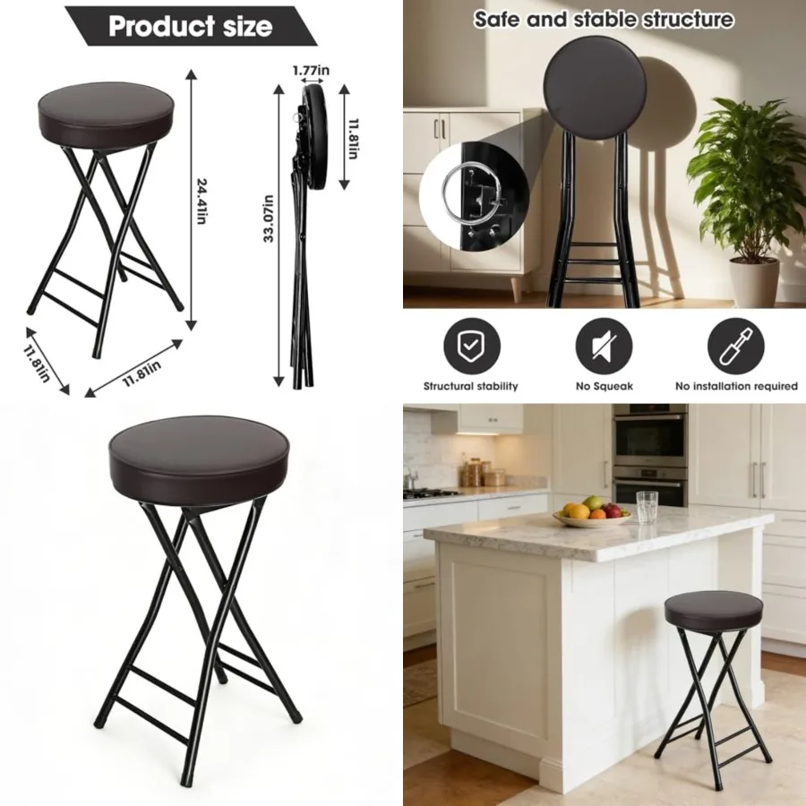 

Folding Stool, 24 Inch Foldable Portable Collapsible Height Bar Stool Chair, Adult Tall Leather Padded Chair for Kitchen Living