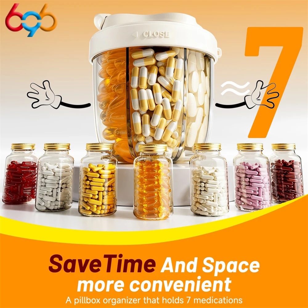 Tragbare Pillenspender-Flasche, Vitamin-Organizer für Reisen, wasserdichte tragbare Medikamententablett-Spenderbox mit 7-Fächern