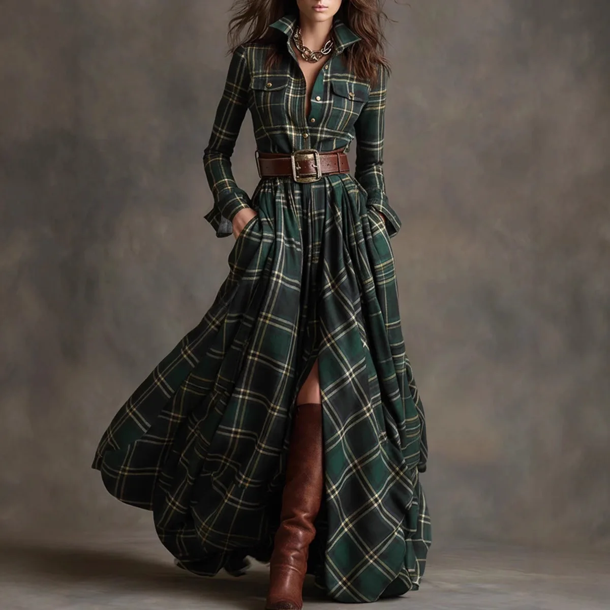 Retro Plaid Print Dresses Autumn Elegant Casual Turn-down Collar Button Shirt Maxi Dress Woman Long Sleeve Pocket Boho Dress