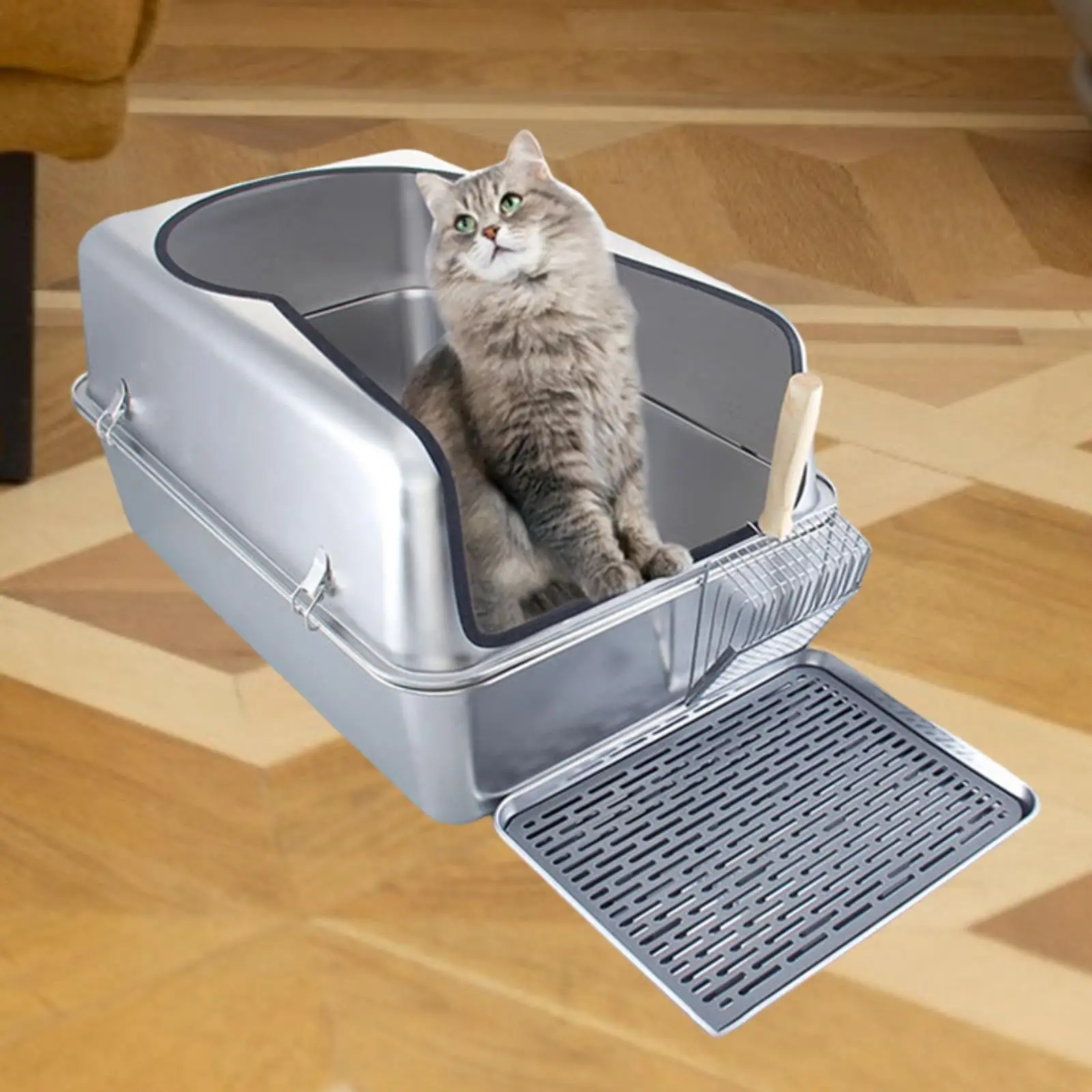 

Stainless Steel Litter Box with High Sides Semi Enclosed for Kitty Kittens