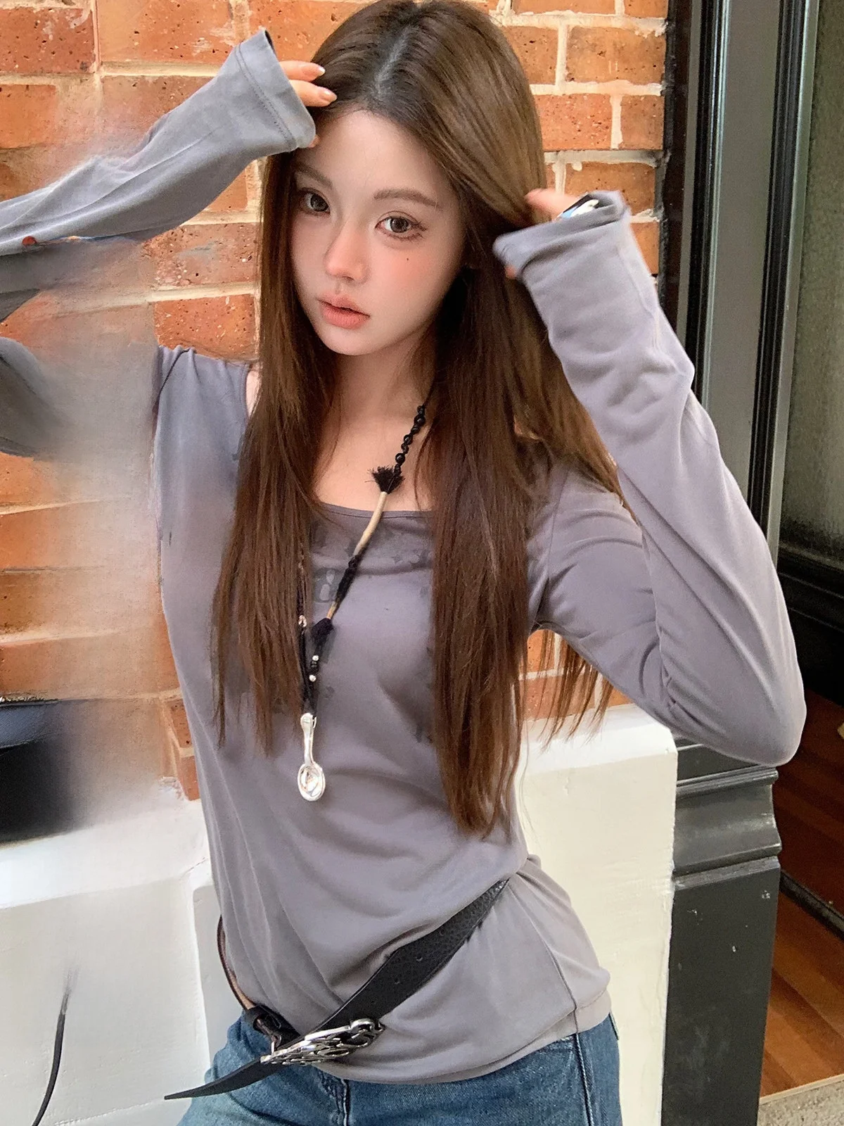 

Slim Fit U-Ne T-irt Women's Long Sve Letter Print Casual Sle Korean Faion Base Layer Top for Autumn Winter