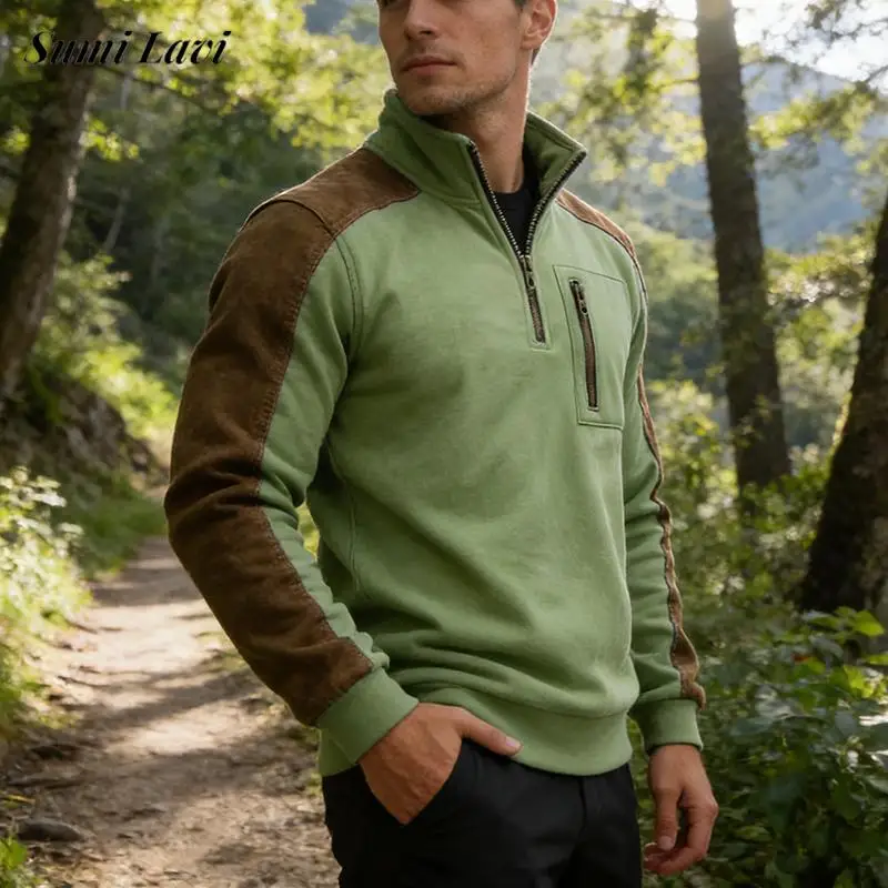 

Daily Leisure Mens Zipper Stand Collar Jumpers Autumn Winter Casual Suede Patchwork Hoodie Men Fashion Stand Collar Sweatshirts