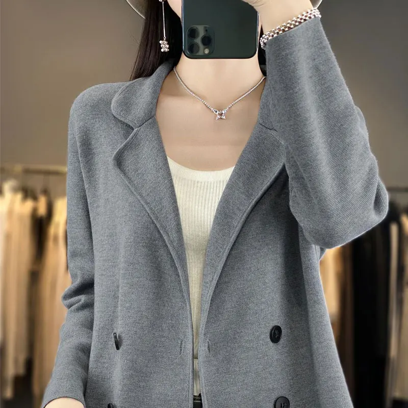 Skincare lightweight cardigan autumn and winter women's Blouse suit collar new double breasted top