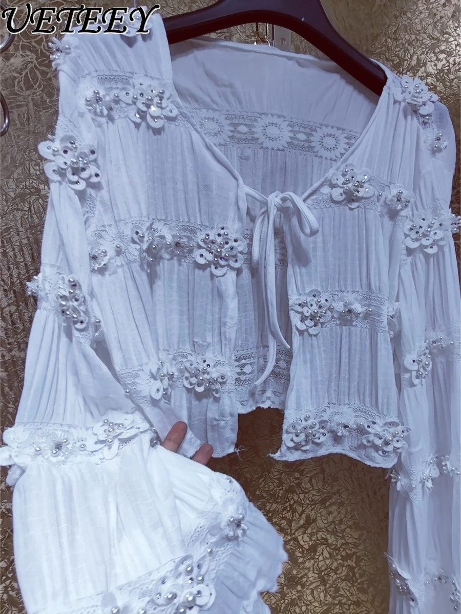 高級重工業ラインストーンフラワーシフォンバブル長袖ショールジャケットスウィートガール多用途レースアップショートコート