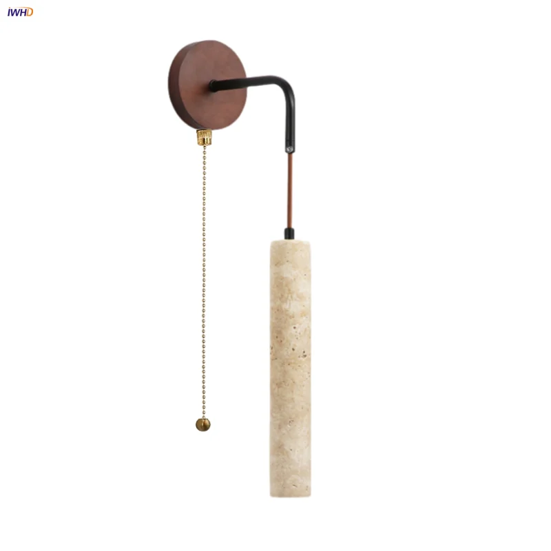 

IWHD Home Decor LED Wall Lights Pull Chain Switch Bedside Lamp Wood Wire Adjustable Yellow Travertine Stair Light Fixtures Lampe