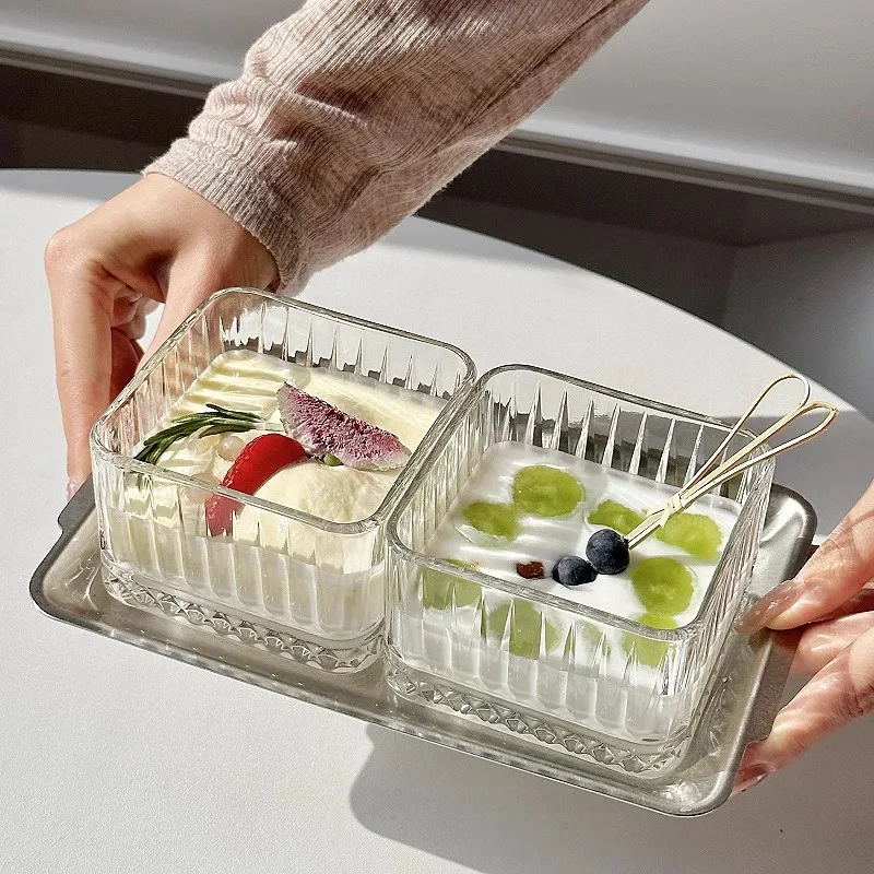 

Винтажная полосатая миска для мороженого, квадратная миска для десерта, фруктовых хлопьев, салатница для завтрака