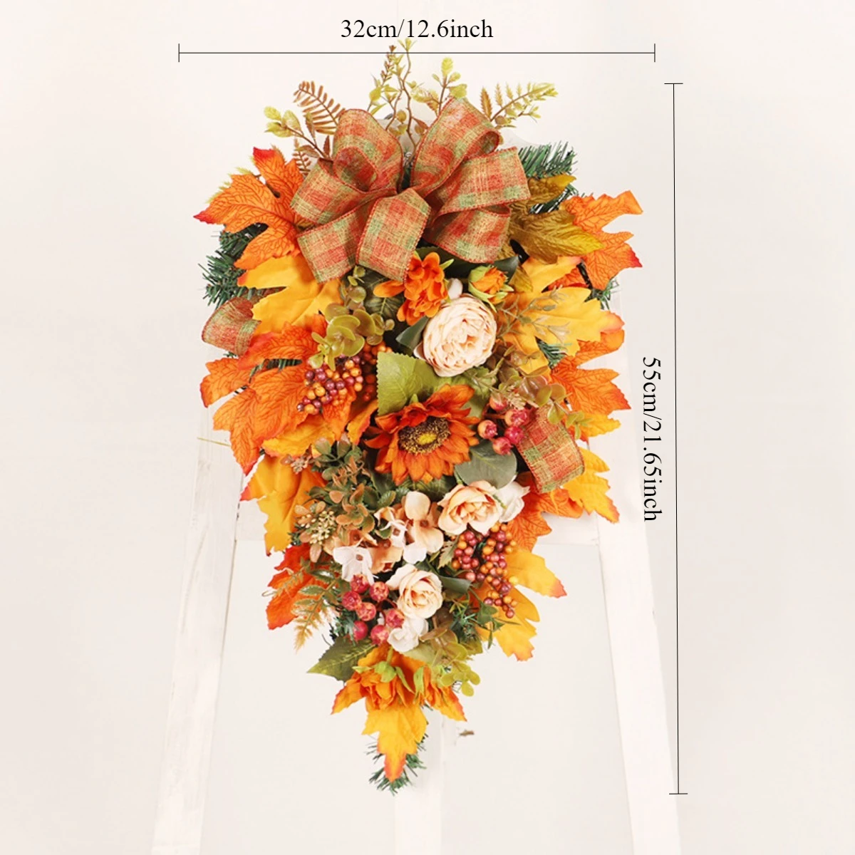 Pre Fall Teardrop Swag with Lights Pumpkins Maple Leaves Pinecones Burlap Bow Autumn Door Swag for Thanksgiving Halloween Decor