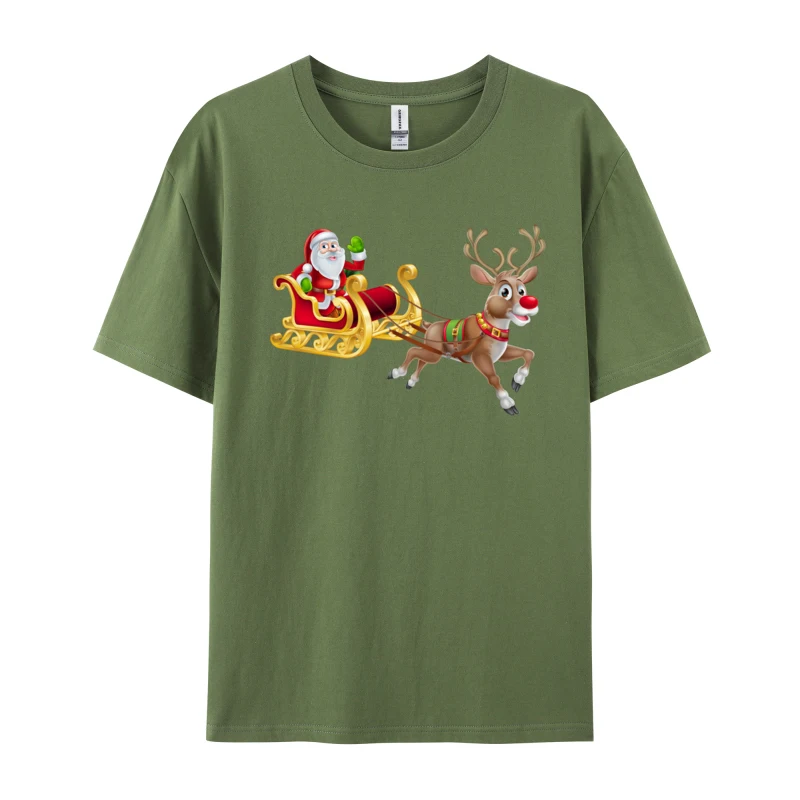 Santa Claus Elk Deer Sleigh Tops Shirt 2024 Hot Sale O Neck T-shirts Gift Short Sleeve Fabric Graphic T Shirts Men Cotton