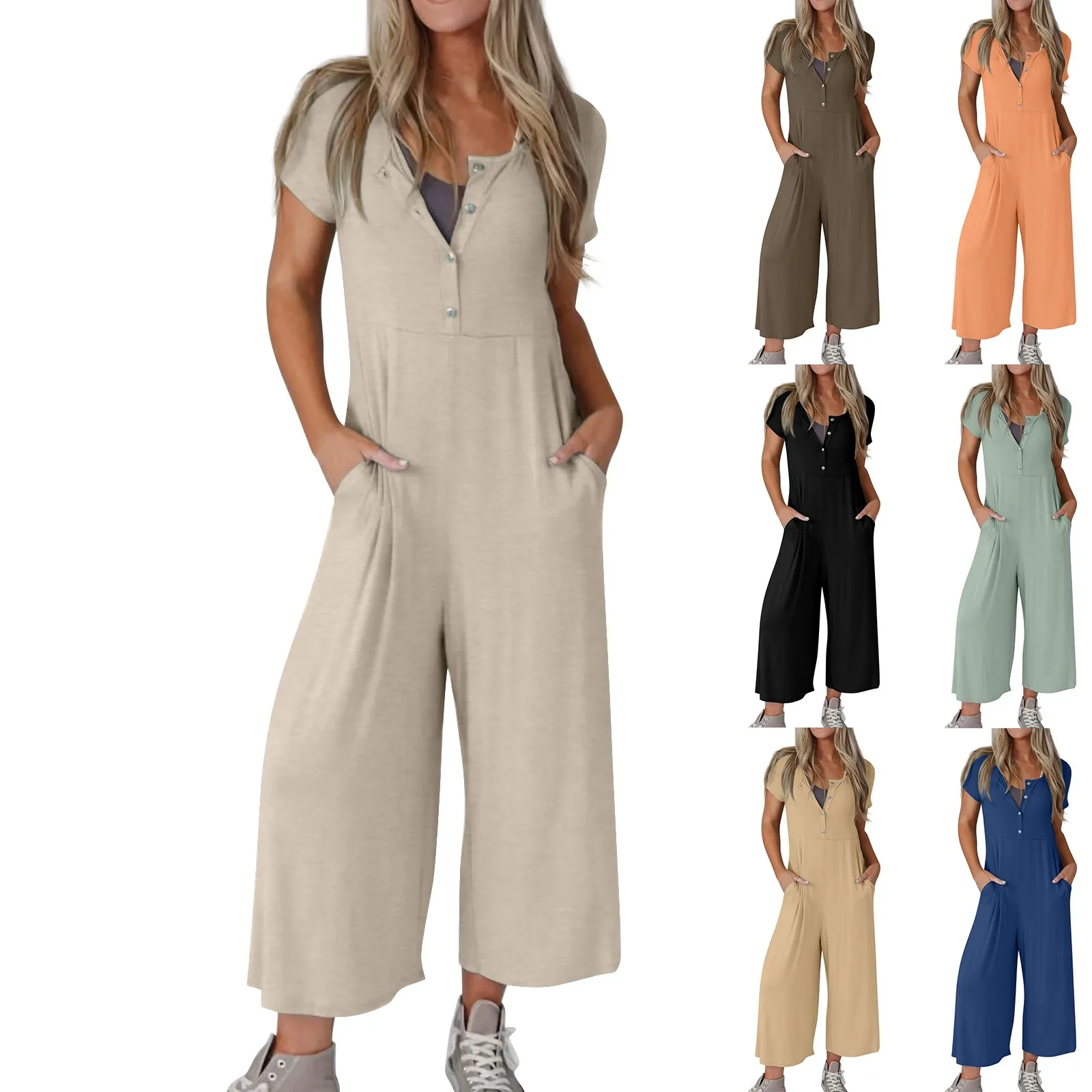 Women'S Casual Jumpsuits Spring Summer Short-Sleeved Button Jumpsuits Solid Color Loose Straight Cropped Rompers With Pockets