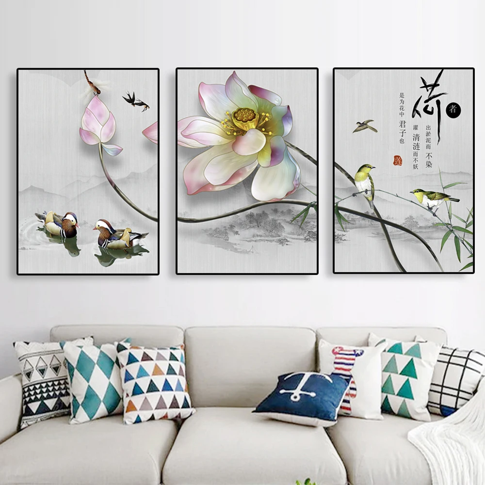 

Traditional Chinese Lotus Lake Wall Art Posters Birds Dragonfly Pictures Mandarin Duck Print Living Room Canvas Painting Decor