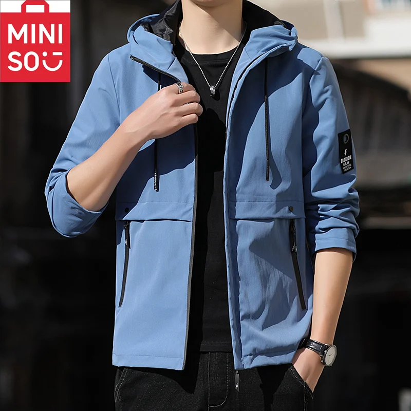 

MINISO Men's Hooded Jacket Autumn New Collection Youth Student Solid Color Korean Version Slim Thin Simplified Jacket Overcome T