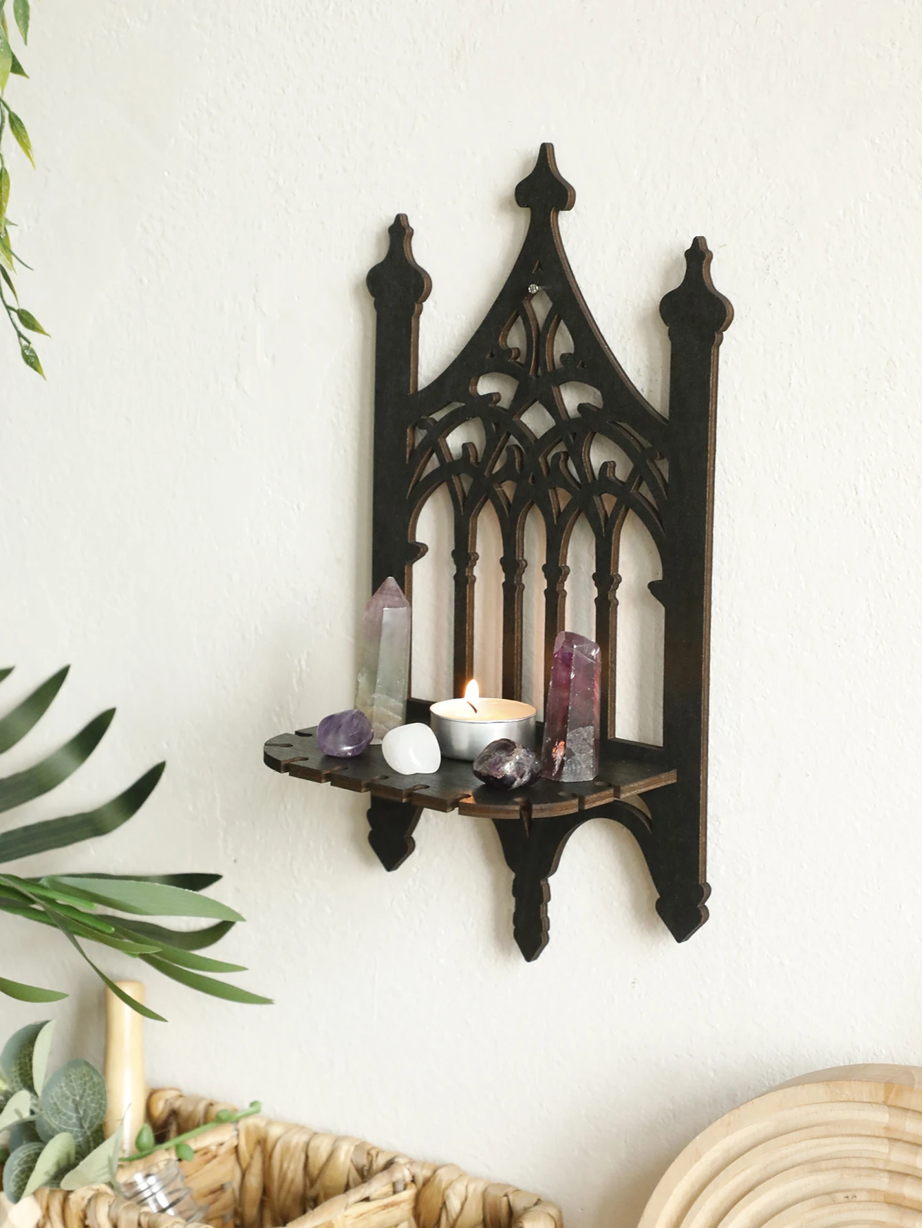 Black Gothic Wooden Shelf Hollow Vintage Fence shape Wall Hanging Decor Floating Shelves Crystal Holder Room Decor Wall Decor