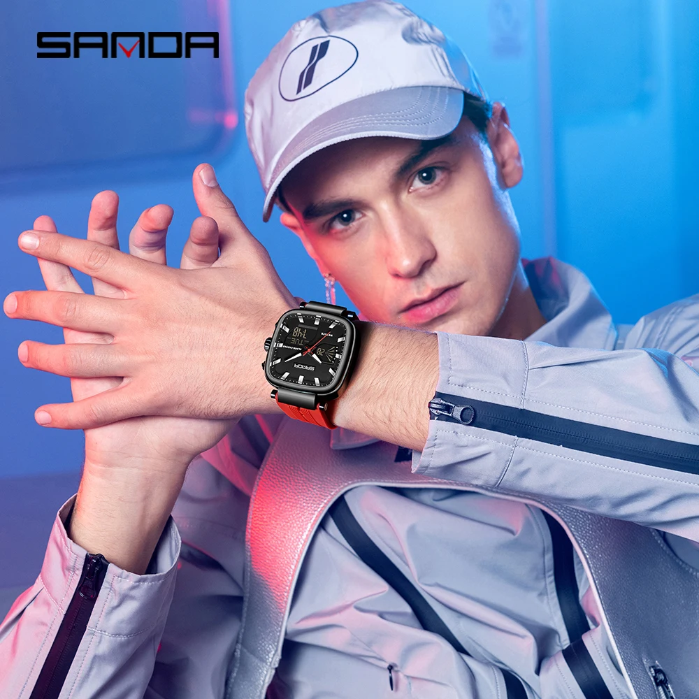 موضة SANDA العلامة التجارية الجديدة 6282 ساعة إلكترونية للرجال عرض مزدوج الرياضة إضاءة مقاومة للماء الرجال توقيت ساعة إلكترونية
