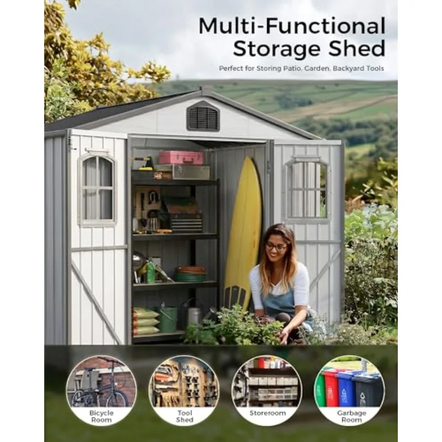 Outdoor storage shed for garden tools, heavy-duty galvanized steel, gray, weatherproof with double doors and 2 windows for bike