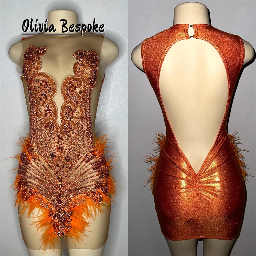 

Ebullient Orange Backless Prom Dresses Luxury Black Girls 2025 Beaded Rhinestones Feathers Birthday Party Dress Customized