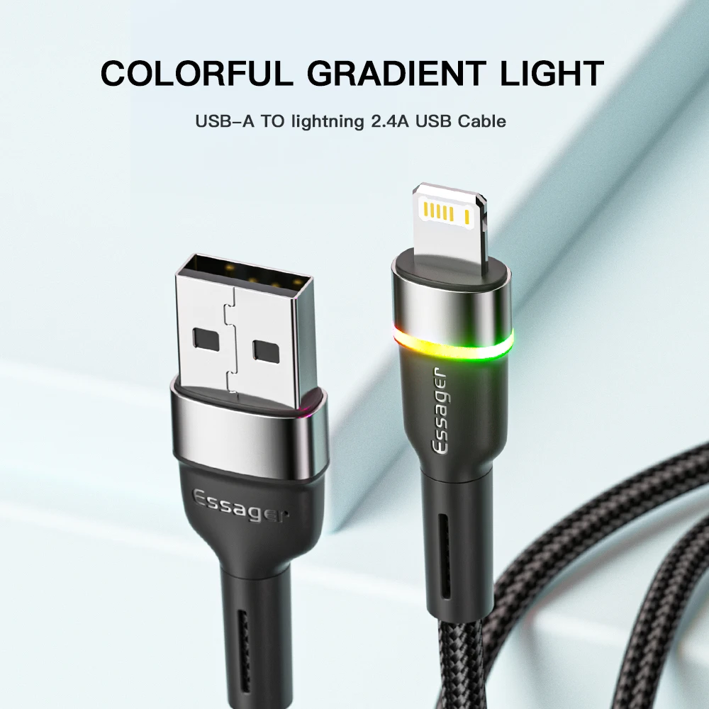 Essager LED USB Cable For iPhone Cable 14 13 12 11 Pro Xs Max X Xr Fast Charging Mobile Phone Data Cable For iPad Data Cord Wire