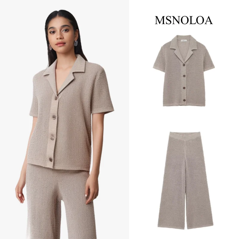 2024 Women Chic Knitted Hollow Single-Breasted Lapel Solid Cardigan Top+Elastic Waist Loose Wide Leg Pants 2 Piece Set