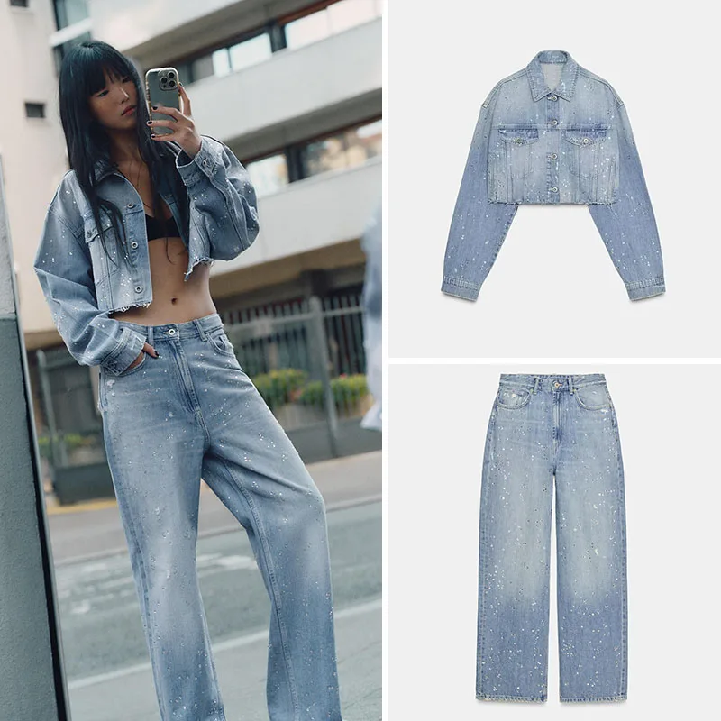 

New Autumn Women's Denim Jacket Outerwear Straight Leg Jeans 2025 Seasonal Fashion Ladies' Clothing Ethnic Stage Costume