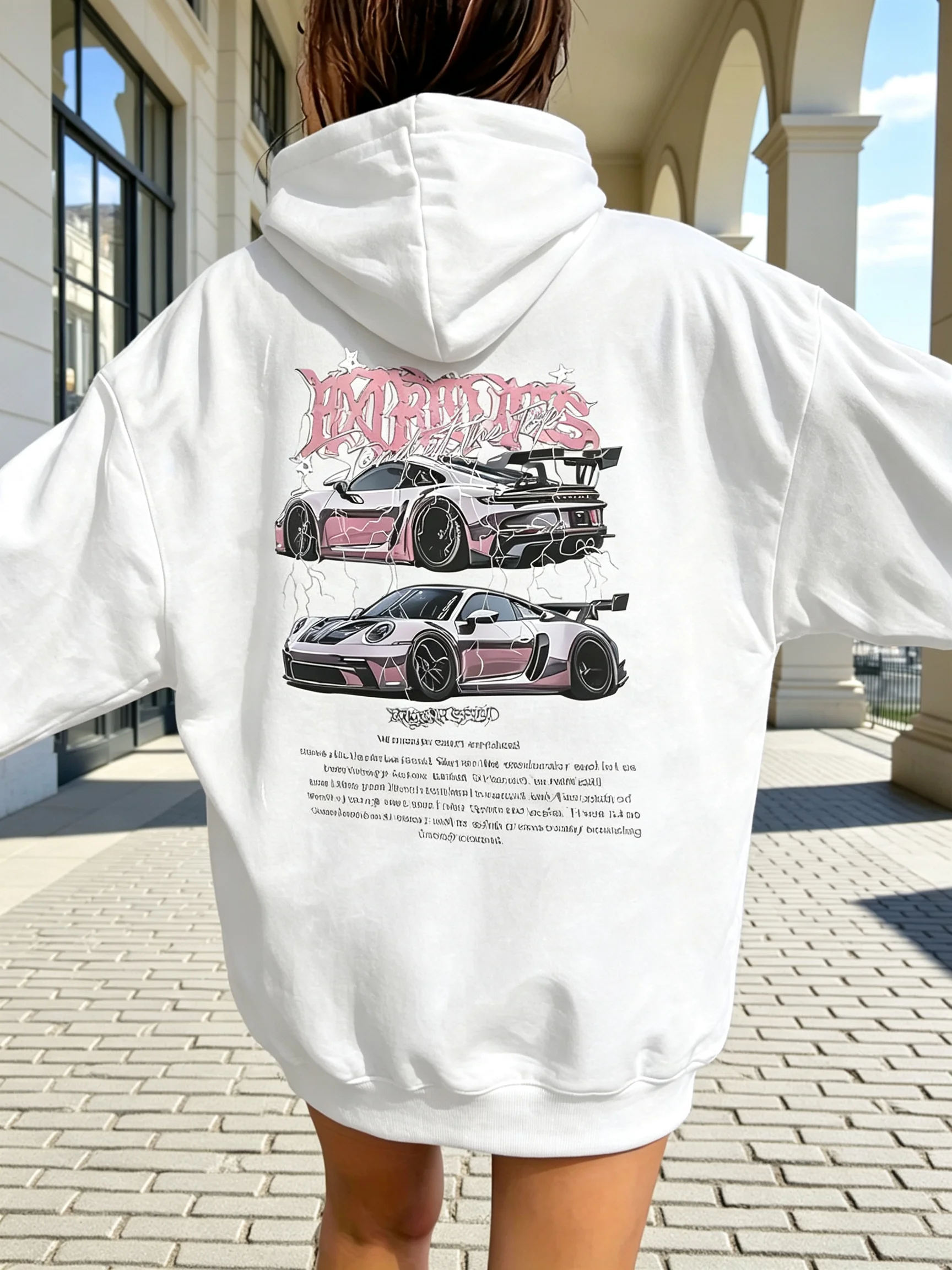 Women's Autumn-Winter Fleece Coat with Cap, Daily Soft Insulated Coat with Automobile Pattern sweatshirt casual hoodie clothes