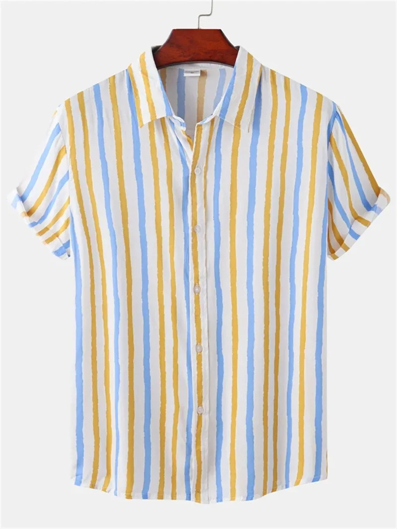 Chemise à manches courtes à rayures verticales pour hommes, chemise à revers boutonnée, chemise formelle couvertes, adaptée au quotidien décontracté ou aux vacances