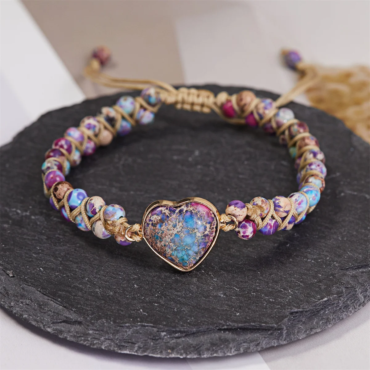 Handmade Natural Stone Bracelet Women Fashion Heart Purple Agates Beads Charm Braided Bracelets Boho Yoga Wrap Bangles Jewelry