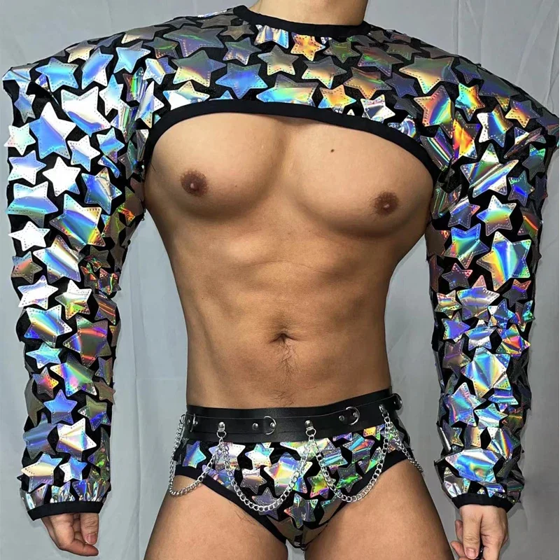 メンズミラーゴゴコスチューム、フライショルダー、スタースパンコールトップ、ブリーフ、バーナイトクラブ、DJ、DSステージ、ポールダンスウェア、レイブ衣装、XS3655