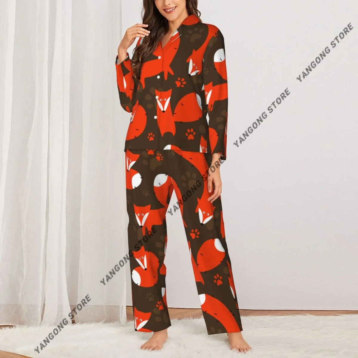 Spring and Autumn Pajama Set Women's Long Sleeve Pants Two Piece Red Foxes Home Furnishing Set