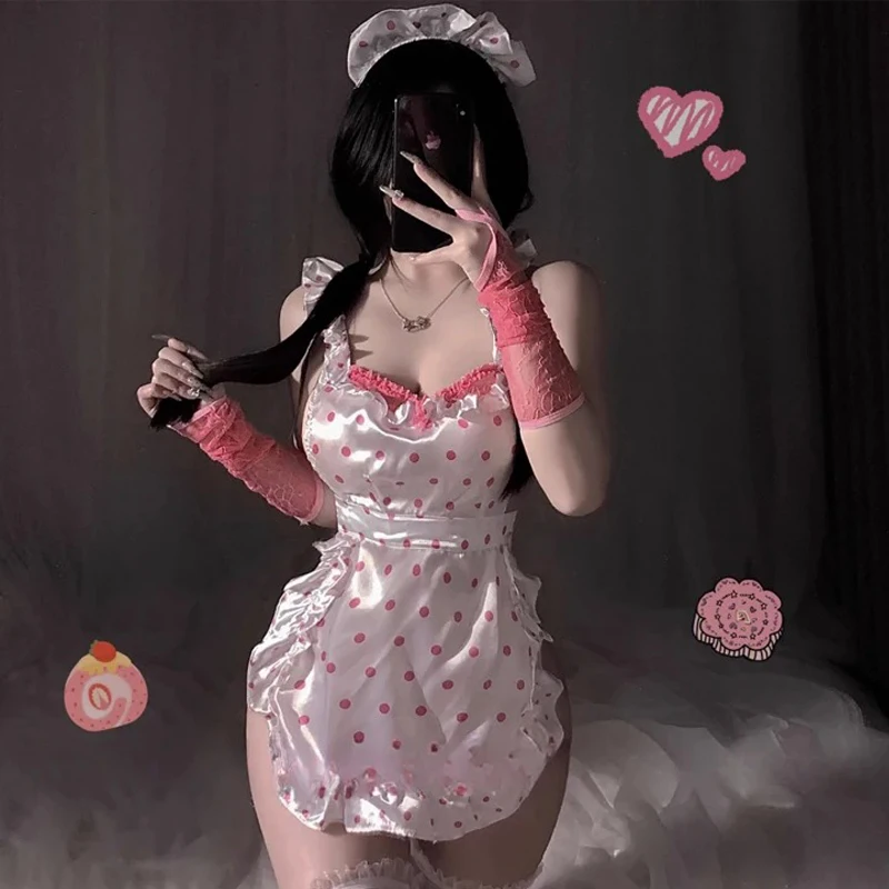 Sexy Lingerie Sweet Girl Pink Lace Apron Sexy Ligerie Women Cute Dots Maid Uniform Outfits Temperament Pajamas Erotic Costume