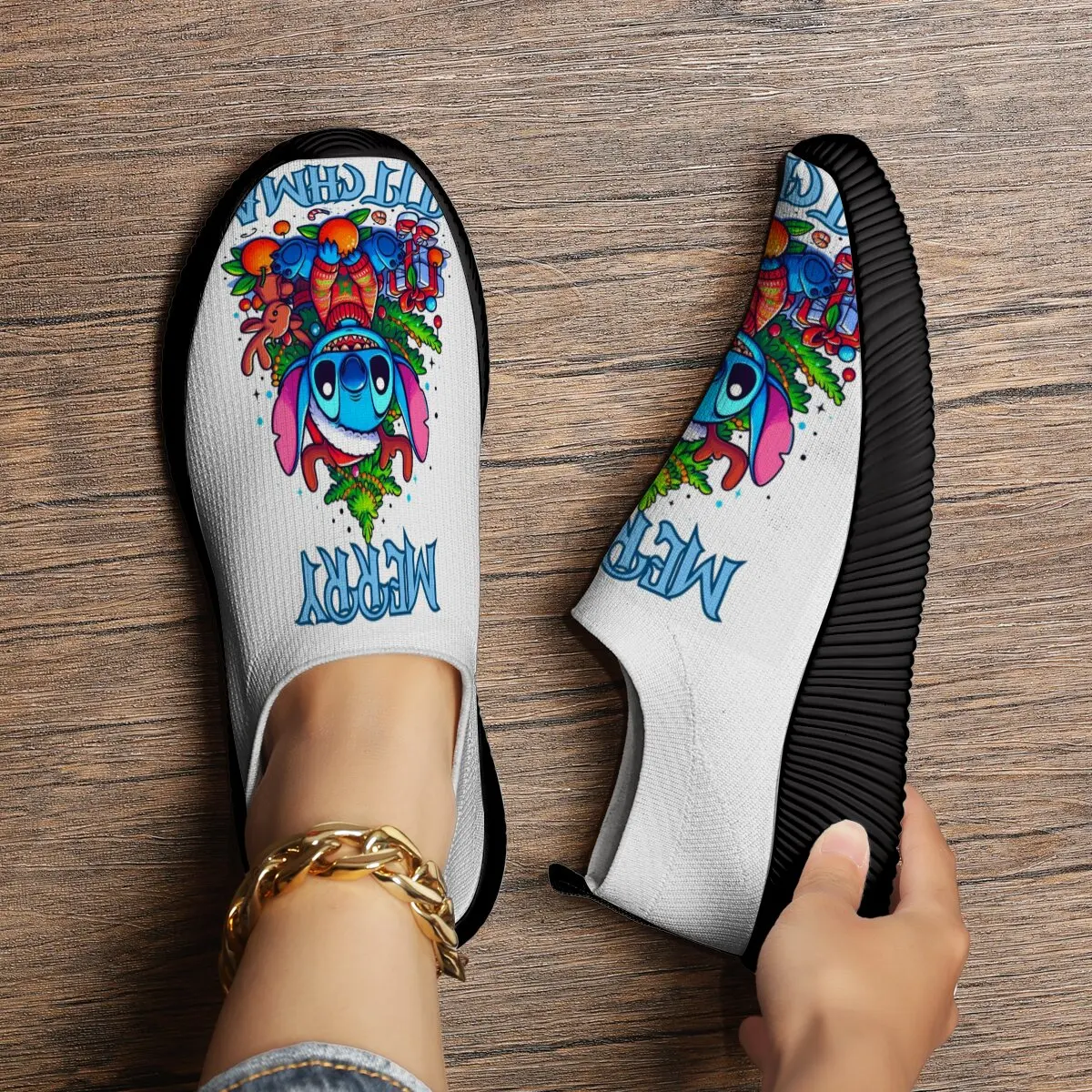 أزياء النساء أحذية رياضية غرزة عيد الميلاد الملونة الكرتون الانزلاق على ديزني المرأة أحذية رياضية أحذية المشي خفيفة الوزن #6