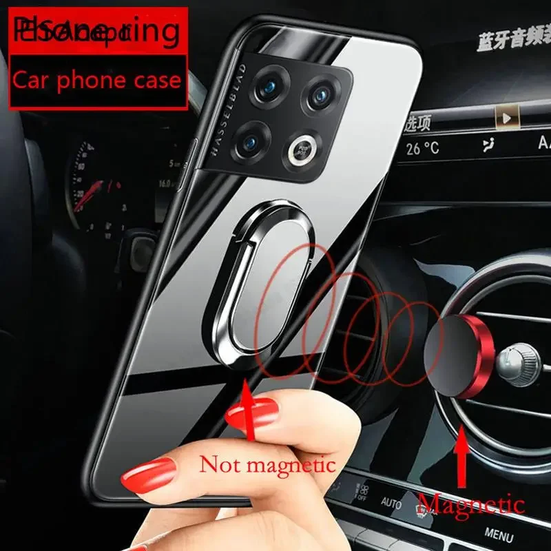 حافظة هاتف بحامل حلقي مغناطيسي من الزجاج المقسى لهاتف Oneplus 10 Pro غطاء خلفي صلب مقاوم للصدمات لهاتف One plus 10Pro مع حبل قصير