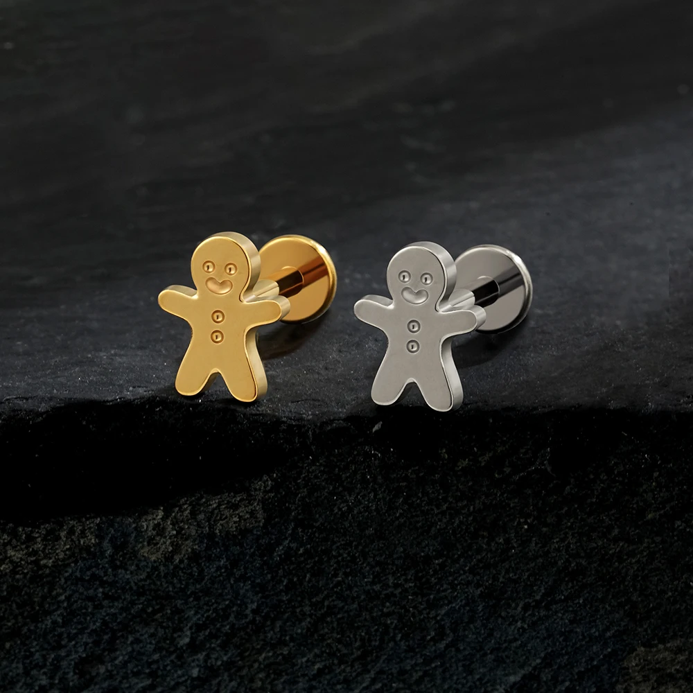 Right Grand ASTM F136 Titanium Cute Gingerbread Man Stud Earring 16G Snowman Cartilage Helix Tragus Flat Back Labret Stud Piercing Christmas Jewelry