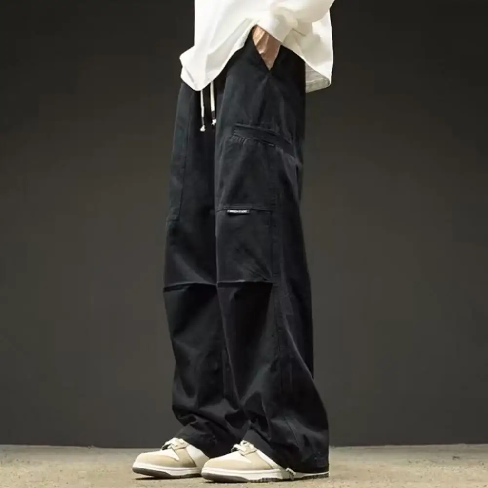 Men Trousers Streetwear Cargo Pants with Multi Pockets Drawstring Waist for Fall Spring Loose Wide Leg Trousers Solid Color