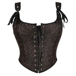 Vintage Flower Print Overbust Corsets Tops with Shoulder Straps Medieval Gothic Bustiers Plus Size Women Sexy Corselet Brown