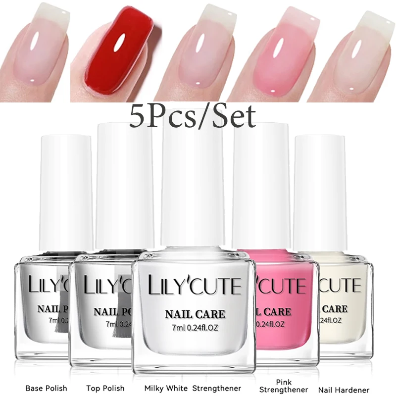 

LILYCUTE 7 мл 5 шт. Набор лаков для ногтей на основании сверху Лак для ухода за ногтями молочно-белый розовый укрепляющий набор для укрепления ногтей Лак для дизайна ногтей