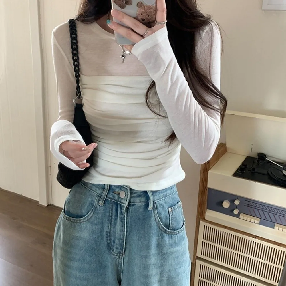 

Long Sleeve Slim Long Sleeve T-shirt Streetwear Transparent Mesh Women Thin Tops Versatile Slim Fit Korean Style Crop Top Party