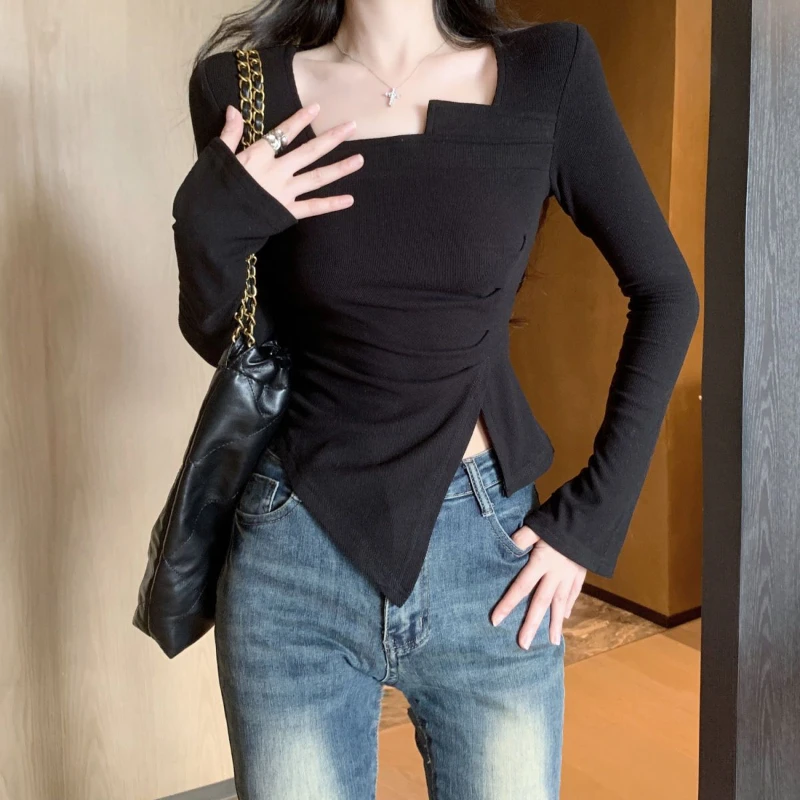 Irregular T-shirts Women Square Collar Long Sleeve Side Slit Short Tops Spring Autumn Pleated Flattering Waist Hotsweet Stylish