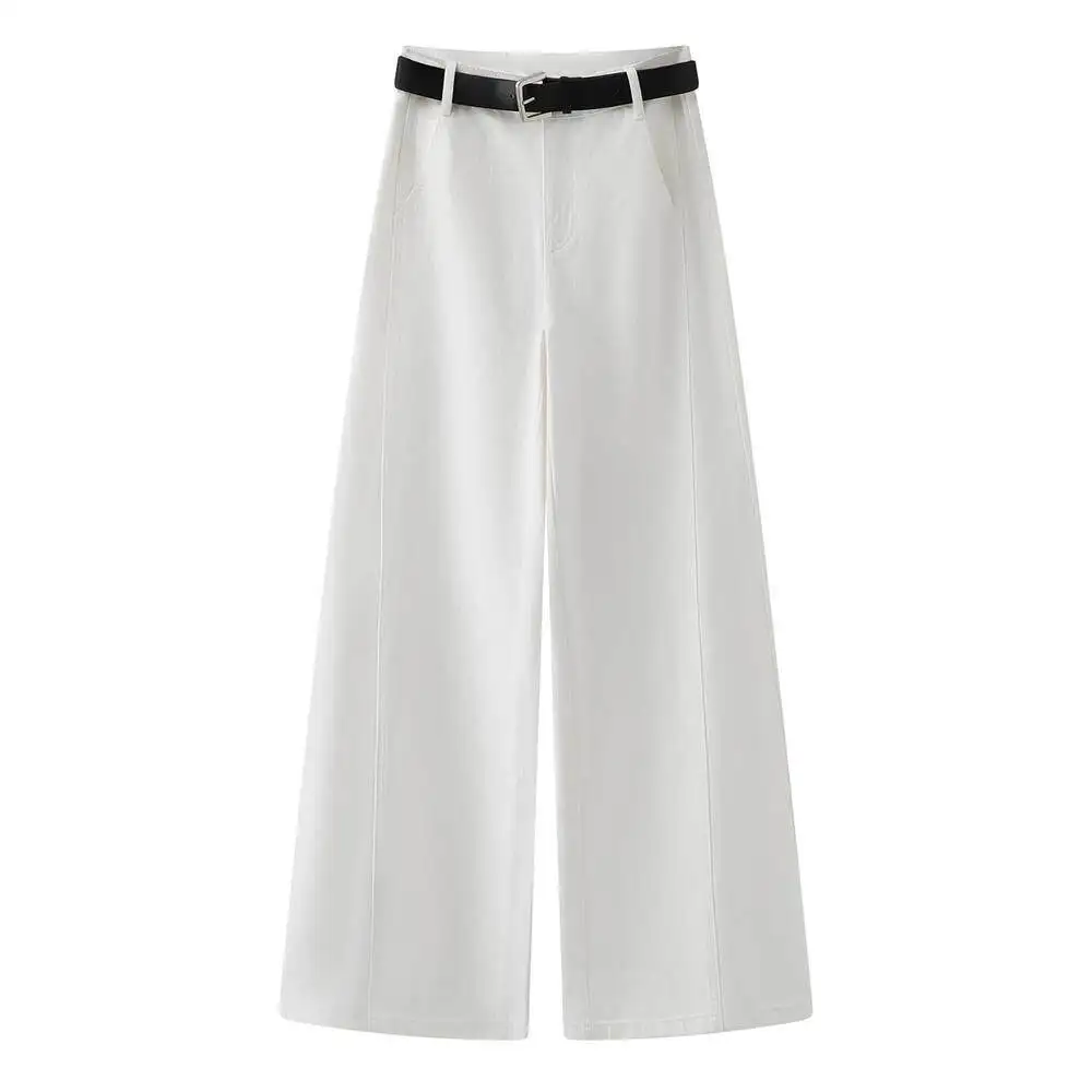 

High Waist Draped White Wide Leg Jeans Women's Elegant Floor-Length Denim Skirt with Belt Straight Cut Summer Fashion