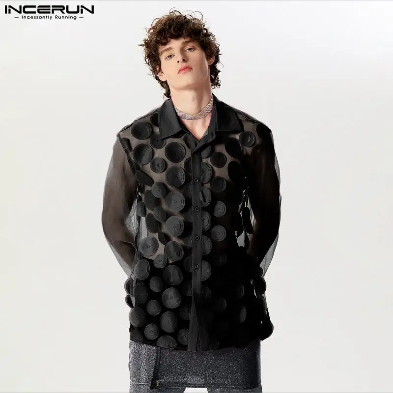 INCERUN-Camisa de manga larga para hombre, ropa Sexy de malla con solapa de retales, ropa de calle transparente, S-5XL de fiesta a la moda, 2024