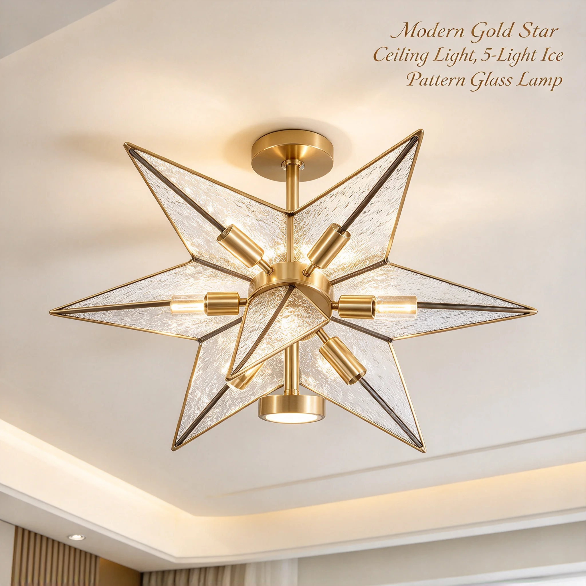 Modern Gold Star Ceiling Light 5-Light Glass Copper Fixture with Ice Pattern Shade Dimmable Nordic Ceiling Lamp for Living Room Bedroom Kitchen Cafe E14