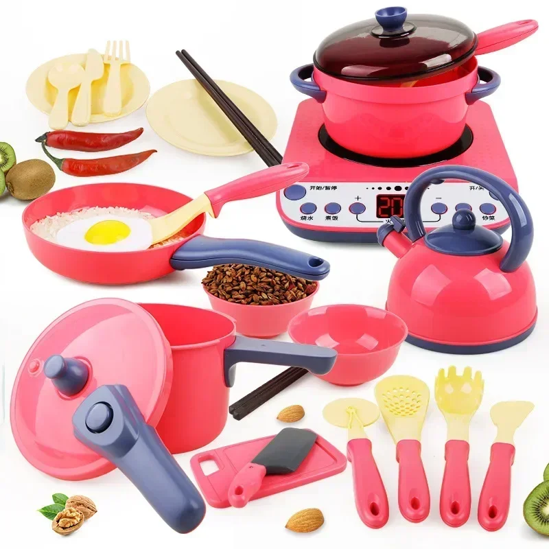 Maison de jeu, jouet, simulation de cuisine, cuisinière à Induction, bouilloires, effets sonores, ensemble de jeu lumineux LED, accessoires cadeaux de haute qualité