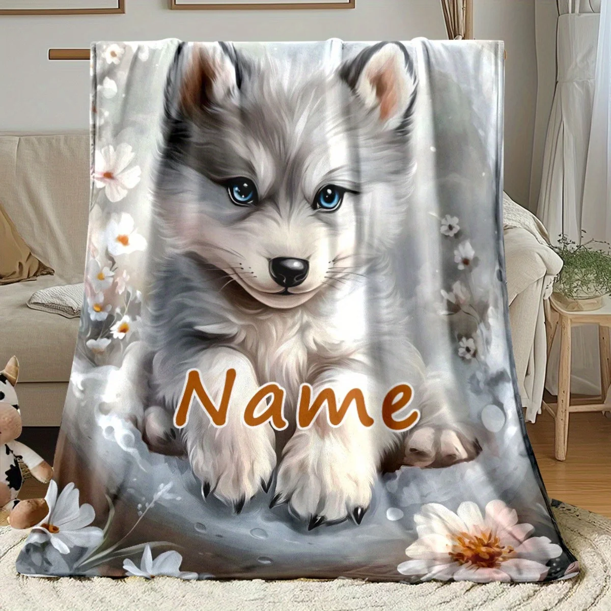 Cute Husky Puppy Print Throw Blanket for Baby Nursery Decor Fleece Plush Sherpa Pet Gift Kids Home Cozy Seasonal Decor Item