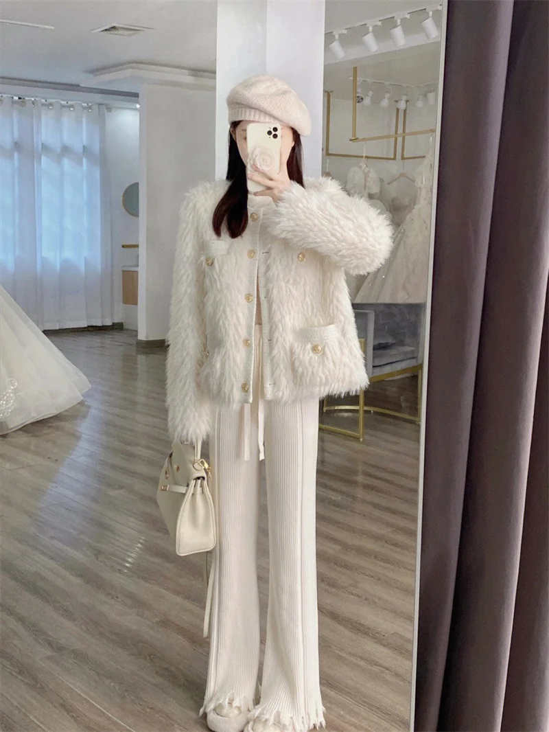 Set of Women's 2023 Autumn/Winter New Style Celebrity  Lamb Wool Coat Korean Version Top High Waist Straight Trouser Two Piece