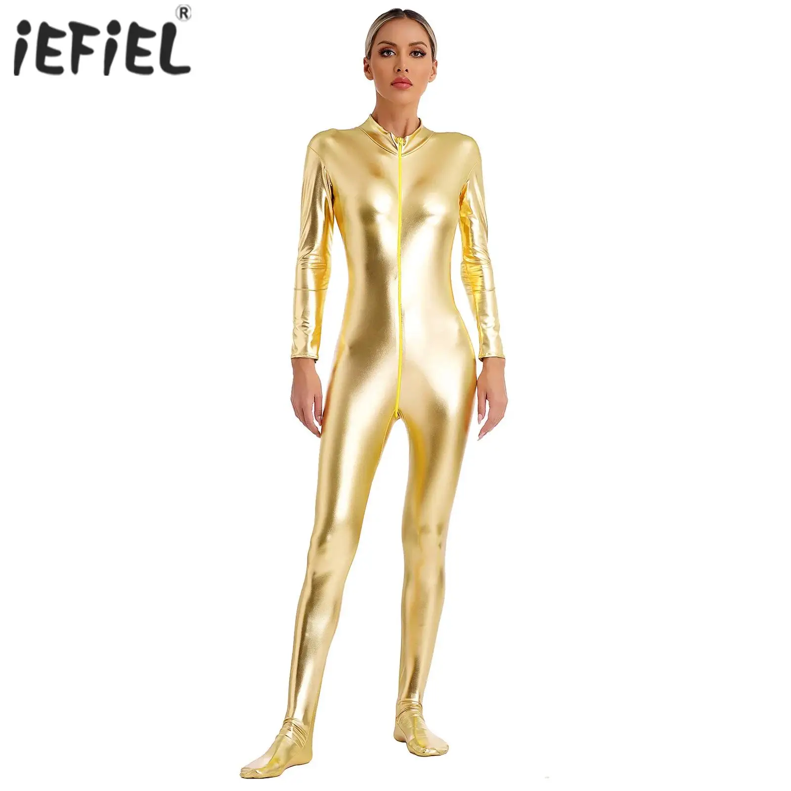 

Womens Romper Metallic Shiny Zentai Jumpsuit Mock Neck Long Sleeve Full Body Unitard Tights for Clubwear Stage Party Performance