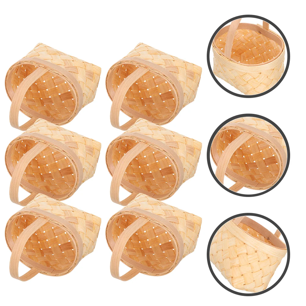 6 Pcs Small Wooden Basket Woven Shopping Baskets Mini Picnic Gift Party Treats with Handles Bread