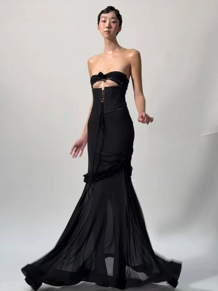 Seltsame Puss Sexy Hohl Mesh Maxi Kleid Frauen Raffen Fischschwanz Rüschen Patchwork Verband Elegante Geburtstag Bankett Party Vestidos