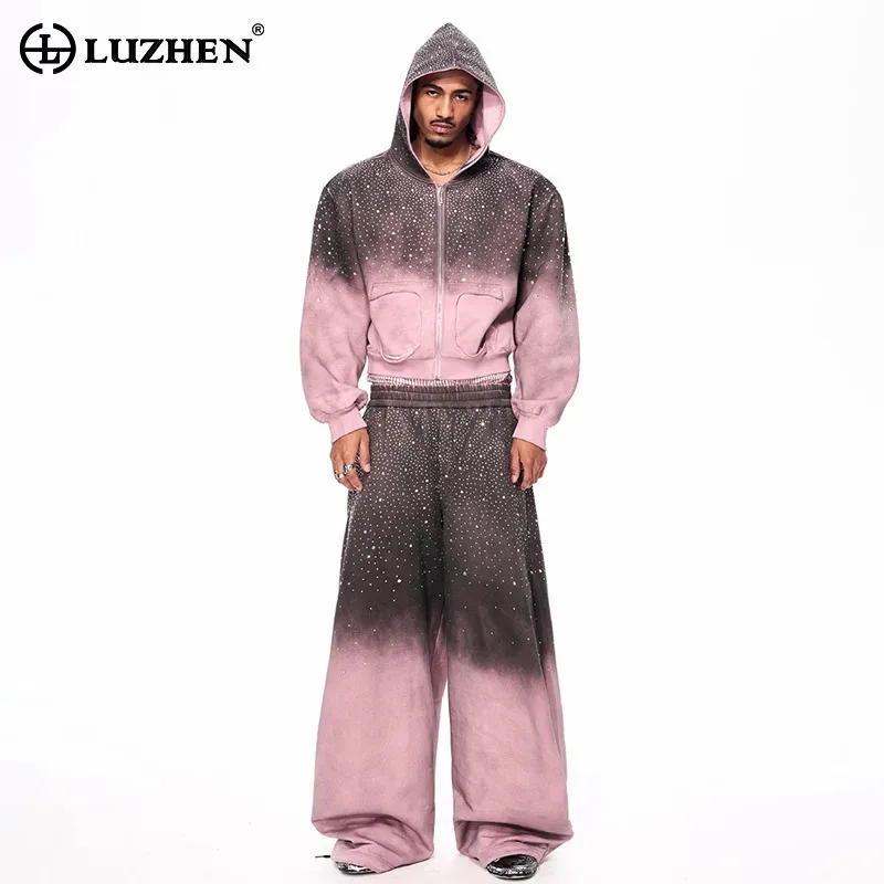 LUZHEN 2025 New Trendy Streetwear Original Niche Gradient Tie-dyed Design Hoodies Coat Men's Loose Sequin Straight Pants JY5173